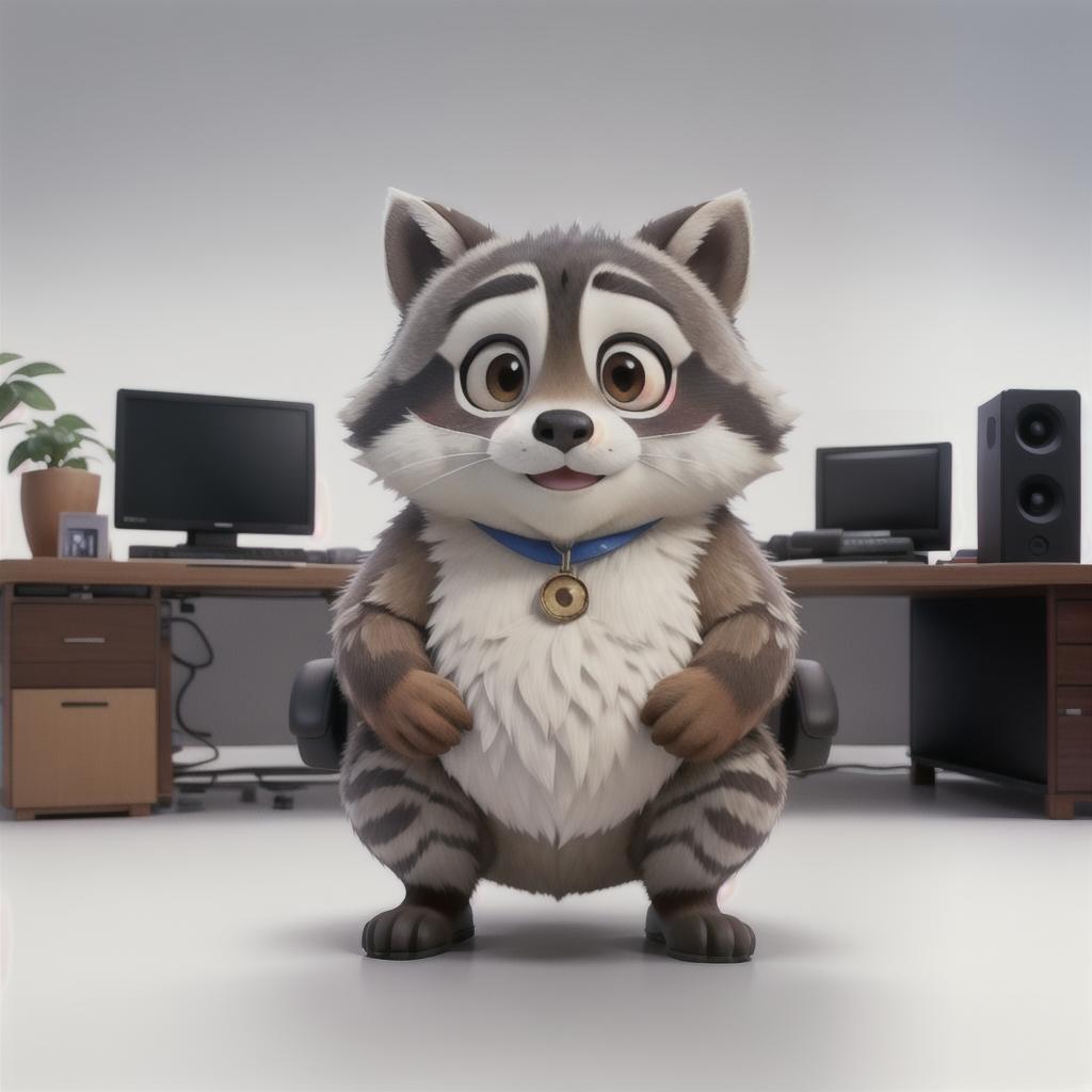  raccoon sitting in gaming chair front a computer on desktop, ((semi anthropomorphic)),(full body), tail, belly, sitting, fat, (chubby), (((white background))), solo, desktop, gaming chair, side view,  [[[clothes]]] hyperrealistic, full body, detailed clothing, highly detailed, cinematic lighting, stunningly beautiful, intricate, sharp focus, f/1. 8, 85mm, (centered image composition), (professionally color graded), ((bright soft diffused light)), volumetric fog, trending on instagram, trending on tumblr, HDR 4K, 8K