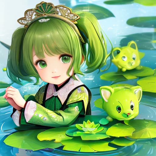  With lotus, water ripples, little girl elements, the main color is green, a bright mascot,