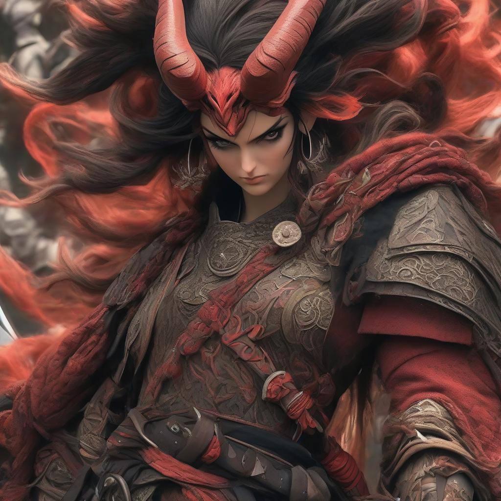  anime artwork A full grown woman from Tbilisi, with red horns and tail, medieval clothing, belts, cloak, dark short hair to the shoulders, lines of tattoos, high detailed skin color, a scowl on her face, holding a sword. . anime style, key visual, vibrant, studio anime, highly detailed hyperrealistic, full body, detailed clothing, highly detailed, cinematic lighting, stunningly beautiful, intricate, sharp focus, f/1. 8, 85mm, (centered image composition), (professionally color graded), ((bright soft diffused light)), volumetric fog, trending on instagram, trending on tumblr, HDR 4K, 8K