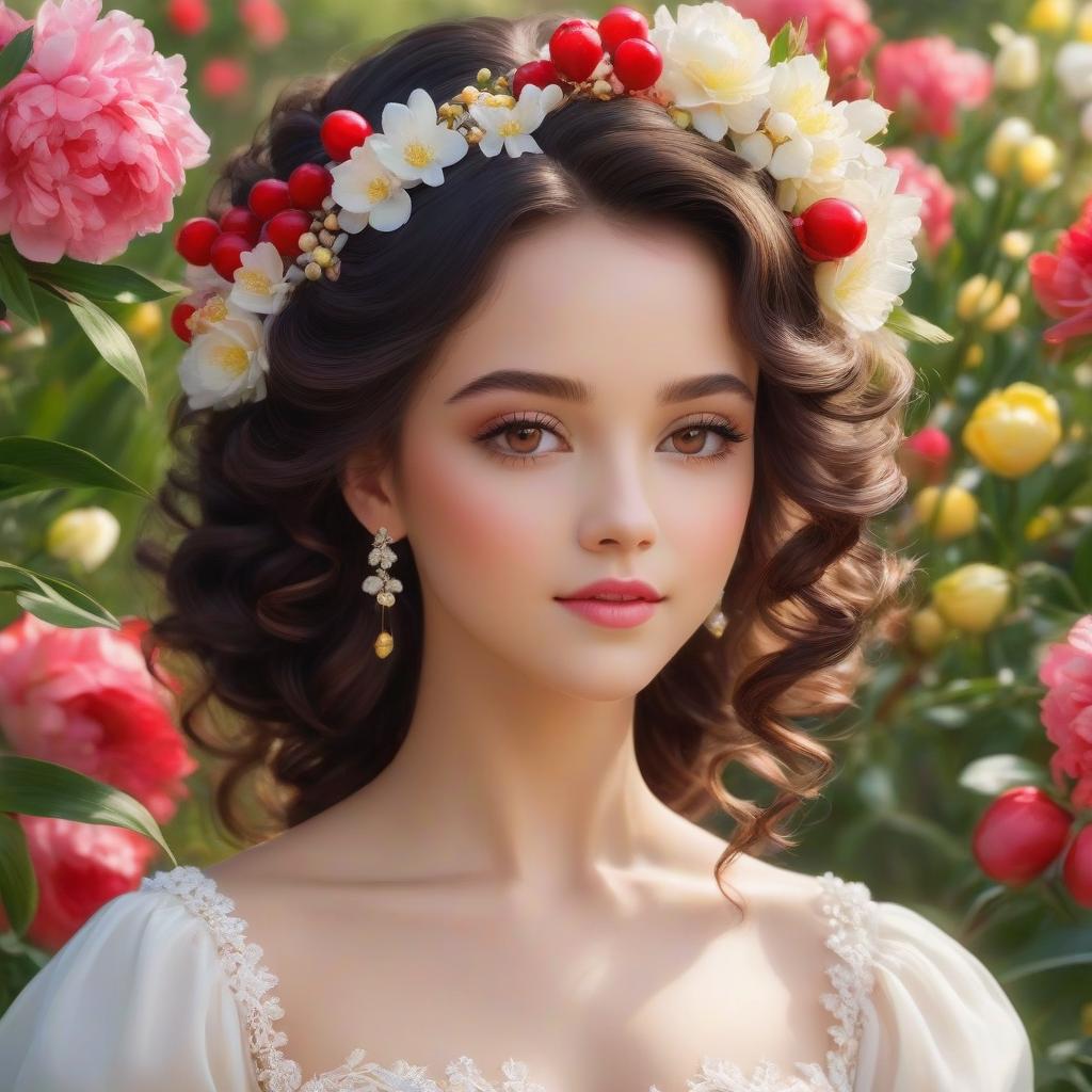  A masterpiece. Very beautiful girl with black curls gathered upwards. Beautiful hairstyle. White wedding fitted dress with lace. Elegance. Very beautiful dress. Brown eyes. Happy look. No pomp, just elegance. (Sparkling rim)): spring field, hyacinths, roses, rosehips, rose hips, peonies, cherry tree, yellow, red. Realism, rococo, surrealist abstraction. Alfonso Mucha, Honoré Fargonard. hyperrealistic, full body, detailed clothing, highly detailed, cinematic lighting, stunningly beautiful, intricate, sharp focus, f/1. 8, 85mm, (centered image composition), (professionally color graded), ((bright soft diffused light)), volumetric fog, trending on instagram, trending on tumblr, HDR 4K, 8K