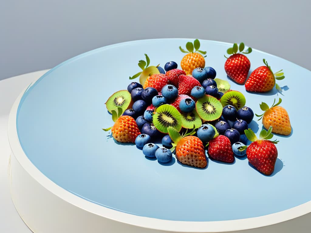  An ultradetailed image of a white kitchen counter with scattered vibrant fruits like strawberries, blueberries, and kiwis, all meticulously painted with edible paint in pastel shades. The fruits are arranged in a visually appealing pattern, showcasing the artistic possibilities of using edible paint in DIY projects. The image captures the natural textures of the fruits juxtaposed with the smooth, painted surfaces, creating a visually striking and aesthetically pleasing minimalist composition perfect for the article's theme. hyperrealistic, full body, detailed clothing, highly detailed, cinematic lighting, stunningly beautiful, intricate, sharp focus, f/1. 8, 85mm, (centered image composition), (professionally color graded), ((bright soft diffused light)), volumetric fog, trending on instagram, trending on tumblr, HDR 4K, 8K