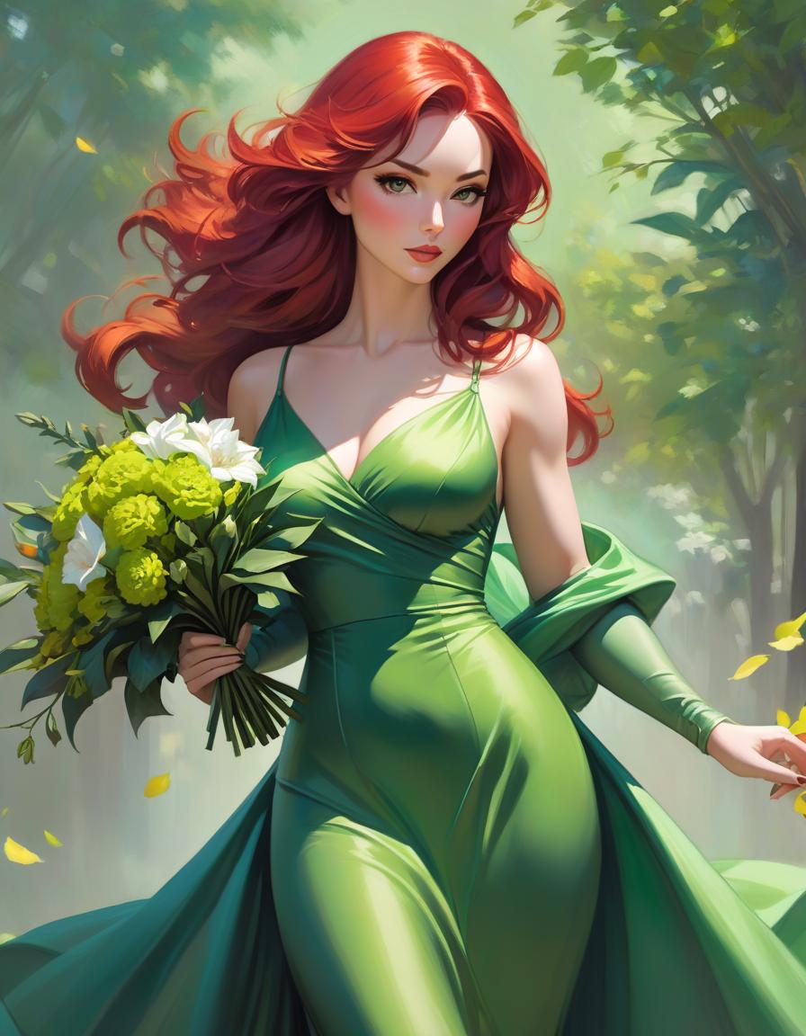  impressionist painting Painting of a woman in a green dress with a bouquet in her hands., stanley artgerm lau, steven artgerm lau, magali villeneuve', graphic artist magali villeneuve, artgerm lau, inspired by Magali Villeneuve, charlie bowater rich deep colors, Stanley Artgerm, red haired goddess, Стиль Stanley Artgermа . loose brushwork, vibrant color, light and shadow play, captures feeling over form hyperrealistic, full body, detailed clothing, highly detailed, cinematic lighting, stunningly beautiful, intricate, sharp focus, f/1. 8, 85mm, (centered image composition), (professionally color graded), ((bright soft diffused light)), volumetric fog, trending on instagram, trending on tumblr, HDR 4K, 8K