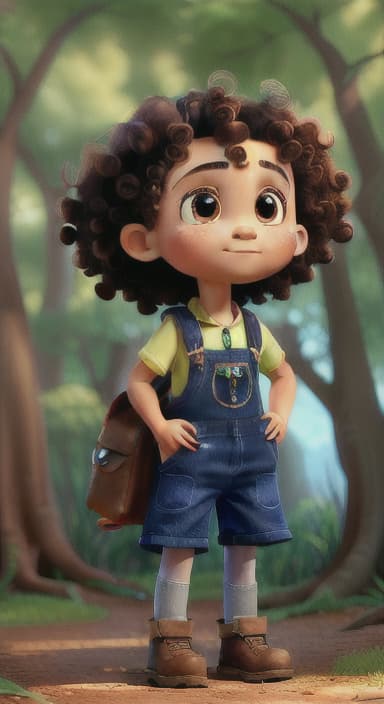  {The tree with a twinkling eye, while its leaves gently rustle., Riley, a curious with big brown eyes and curly hair, wearing overalls and carrying a small backpack. Their friend, Skye, a bluebird with shiny feathers.