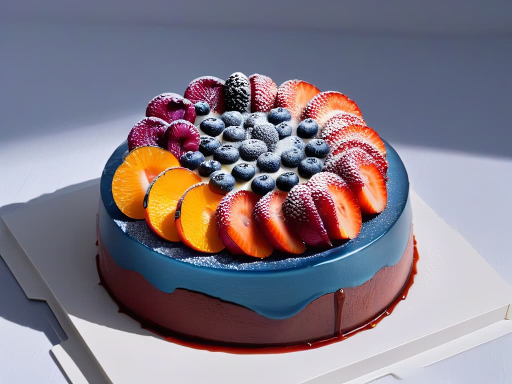  A closeup, ultradetailed image of a delicate, translucent gelatin cake layer being carefully placed on top of a vibrant, glossy fruit glaze. The gelatin layer reflects the surrounding light, showcasing intricate patterns and capturing the vibrant colors of the fruits underneath. Each droplet of the glaze is visible, creating a mesmerizing contrast between the smooth, shiny surface and the intricate gelatin design. The overall composition exudes elegance and precision, embodying the artistry and creativity of modern pastry techniques. hyperrealistic, full body, detailed clothing, highly detailed, cinematic lighting, stunningly beautiful, intricate, sharp focus, f/1. 8, 85mm, (centered image composition), (professionally color graded), ((bright soft diffused light)), volumetric fog, trending on instagram, trending on tumblr, HDR 4K, 8K