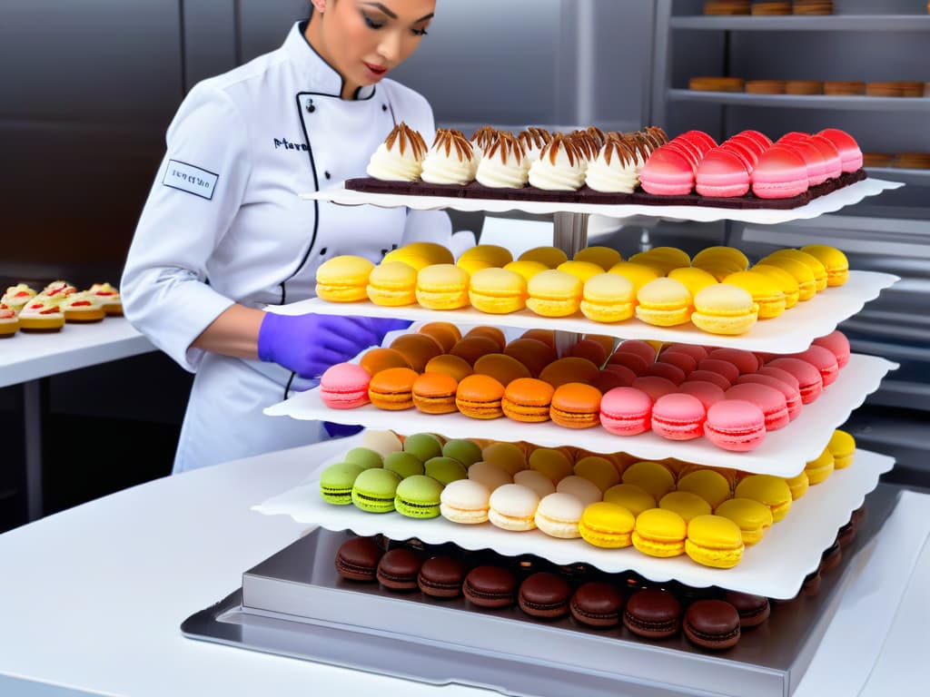  A minimalist, highresolution image of a sleek, modern pastry workstation in a professional kitchen setting. The workstation is immaculately organized, with shelves neatly stacked with baking tools, a marble countertop displaying an array of colorful macarons, and a pastry chef's hands delicately piping frosting onto a decadent cake. The overall aesthetic is clean, sophisticated, and aspirational, perfectly capturing the essence of a highend pastry chef's workplace. hyperrealistic, full body, detailed clothing, highly detailed, cinematic lighting, stunningly beautiful, intricate, sharp focus, f/1. 8, 85mm, (centered image composition), (professionally color graded), ((bright soft diffused light)), volumetric fog, trending on instagram, trending on tumblr, HDR 4K, 8K