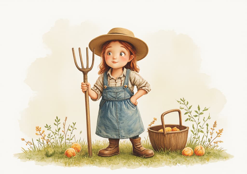  good quality, high quality, curious farmer figure with pitchfork in nostalgic watercolor painting