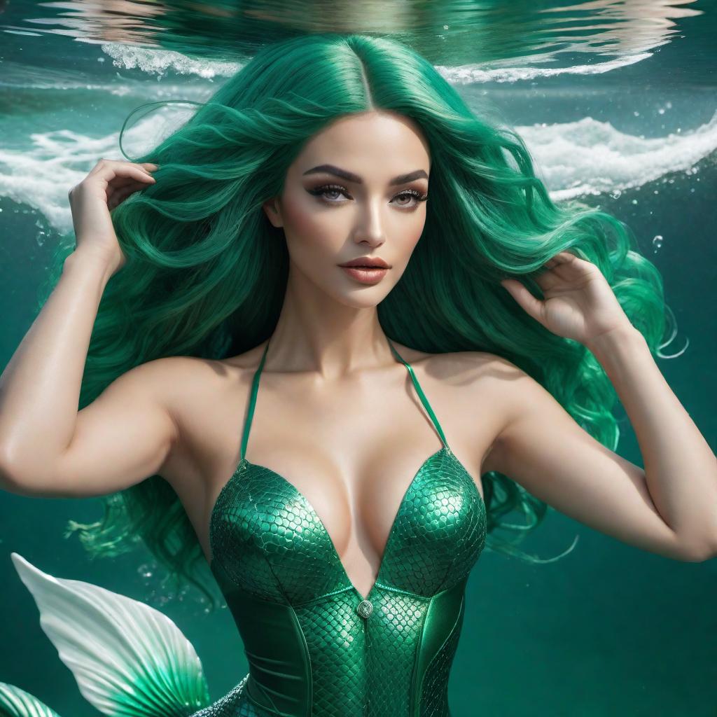  A Pan-esque mermaid with deep green water hair flowing around her beautifully regal but soft appearance. White light reflections can be seen in the water. hyperrealistic, full body, detailed clothing, highly detailed, cinematic lighting, stunningly beautiful, intricate, sharp focus, f/1. 8, 85mm, (centered image composition), (professionally color graded), ((bright soft diffused light)), volumetric fog, trending on instagram, trending on tumblr, HDR 4K, 8K