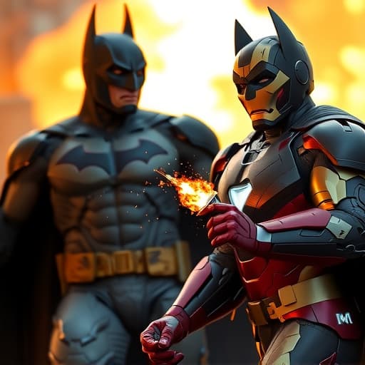  ironman and batman fighting eachother, firing rocket hyperrealistic, full body, detailed clothing, highly detailed, cinematic lighting, stunningly beautiful, intricate, sharp focus, f/1. 8, 85mm, (centered image composition), (professionally color graded), ((bright soft diffused light)), volumetric fog, trending on instagram, trending on tumblr, HDR 4K, 8K