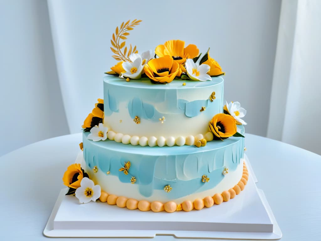  A closeup, ultradetailed image of a perfectly glazed and intricately decorated threetiered wedding cake, showcasing delicate sugar flowers, gold leaf accents, and precise piping work that highlights the artistry and skill involved in classic pastrymaking. hyperrealistic, full body, detailed clothing, highly detailed, cinematic lighting, stunningly beautiful, intricate, sharp focus, f/1. 8, 85mm, (centered image composition), (professionally color graded), ((bright soft diffused light)), volumetric fog, trending on instagram, trending on tumblr, HDR 4K, 8K