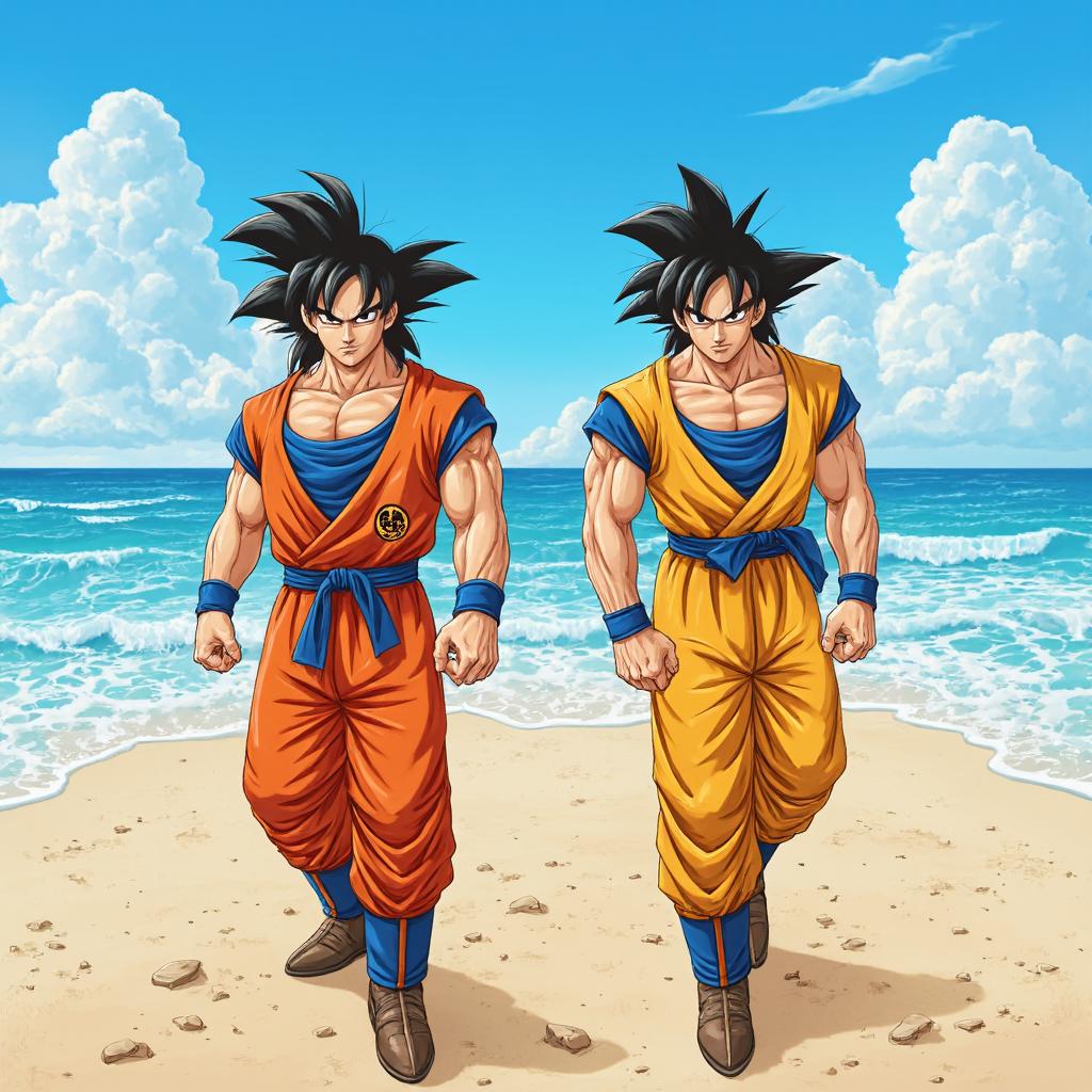  anime style, a goku and vegeta, walking on beach