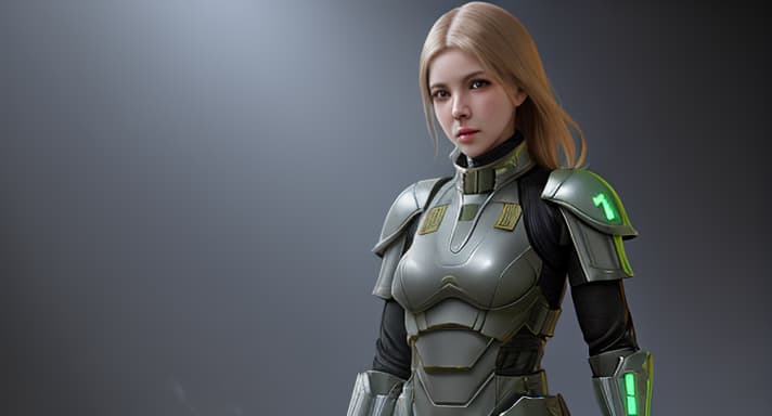  create an realistic female futuristic armor elite soldier standing with an weapon