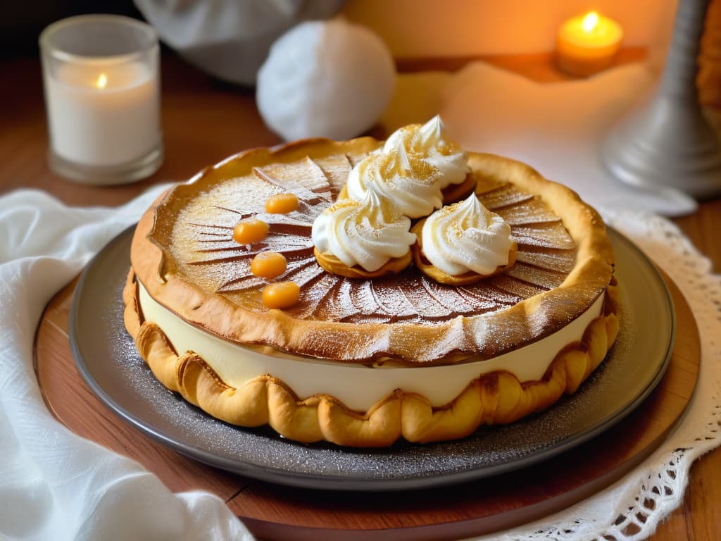  An intricately decorated ceramic plate filled with goldenbrown sopaipillas pasadas, drizzled with a generous amount of chancaca syrup and topped with a dollop of freshly whipped cream. The sopaipillas glisten under the light, showcasing the intricate patterns of the syrup as it cascades down the sides of the pastries. The plate is set on a rustic wooden table, surrounded by traditional Chilean textiles and a steaming cup of fragrant herbal tea. The scene captures the essence of warmth, indulgence, and cultural heritage. hyperrealistic, full body, detailed clothing, highly detailed, cinematic lighting, stunningly beautiful, intricate, sharp focus, f/1. 8, 85mm, (centered image composition), (professionally color graded), ((bright soft diffused light)), volumetric fog, trending on instagram, trending on tumblr, HDR 4K, 8K