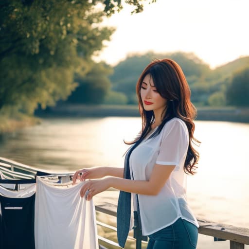  Beautiful girl doing laundry by the river in the morning hyperrealistic, full body, detailed clothing, highly detailed, cinematic lighting, stunningly beautiful, intricate, sharp focus, f/1. 8, 85mm, (centered image composition), (professionally color graded), ((bright soft diffused light)), volumetric fog, trending on instagram, trending on tumblr, HDR 4K, 8K