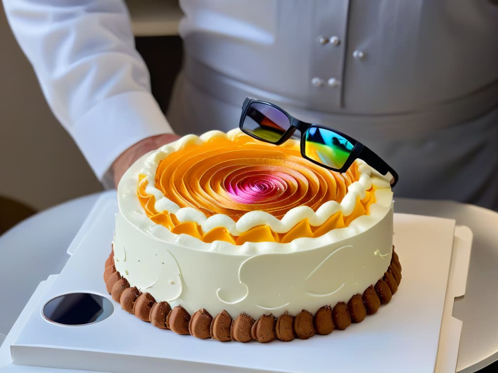  A closeup, ultradetailed image of a pastry chef delicately using augmented reality glasses to project a holographic cake design onto a blank canvas, showcasing a futuristic and innovative approach to pastry creation. The chef's focused expression, the intricate details of the holographic cake design, and the sleek, minimalistic design of the augmented reality glasses all contribute to a visually captivating and inspirational scene that embodies the fusion of traditional pastry techniques with cuttingedge technology. hyperrealistic, full body, detailed clothing, highly detailed, cinematic lighting, stunningly beautiful, intricate, sharp focus, f/1. 8, 85mm, (centered image composition), (professionally color graded), ((bright soft diffused light)), volumetric fog, trending on instagram, trending on tumblr, HDR 4K, 8K