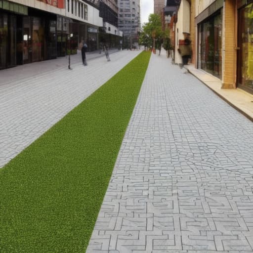  Urban sidewalk design for people without car traffic, the sidewalk walls of commercial shops are brick-faced, the path is covered with creeping plants and gardens, geometric shapes flooring with tiles