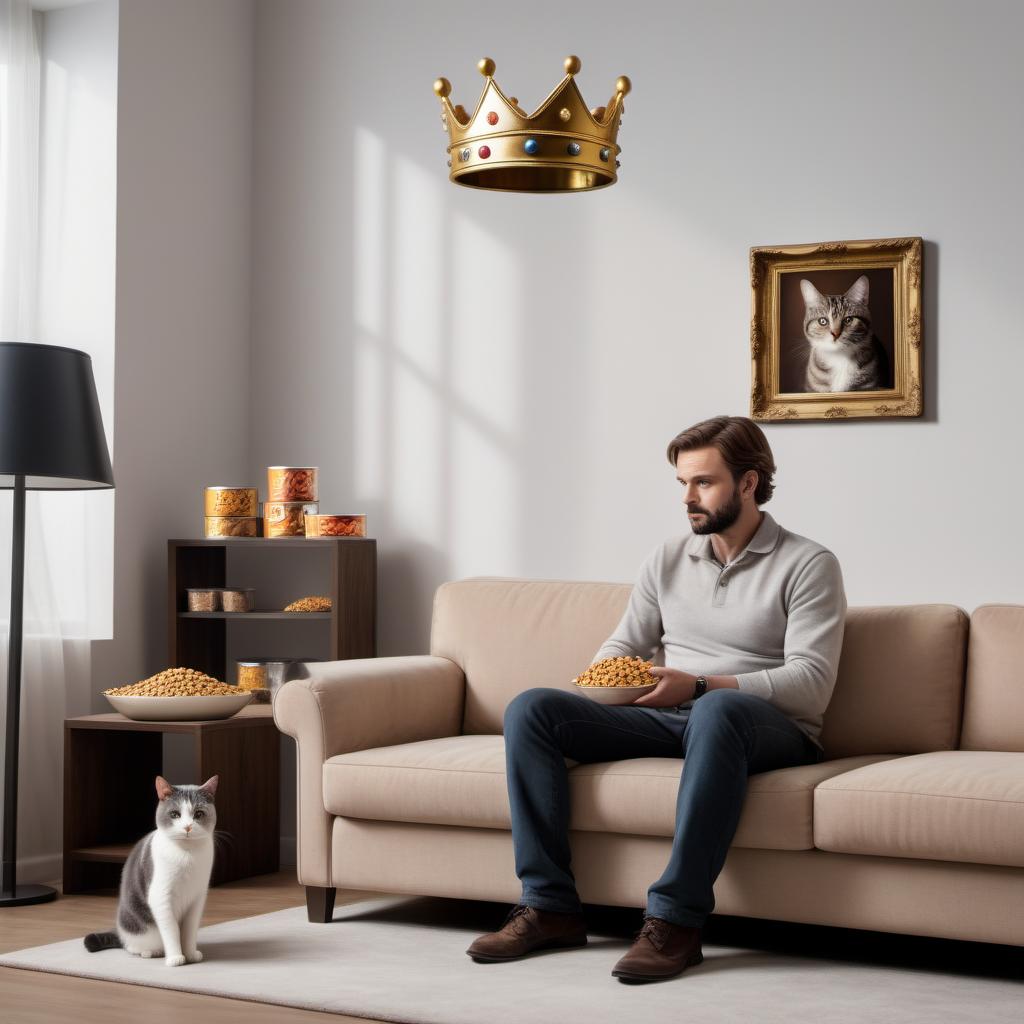  large room a man with a package of pet food stands in the center of the room and looks at a cat sitting on a sofa with a crown, photographic quality, 8 K.