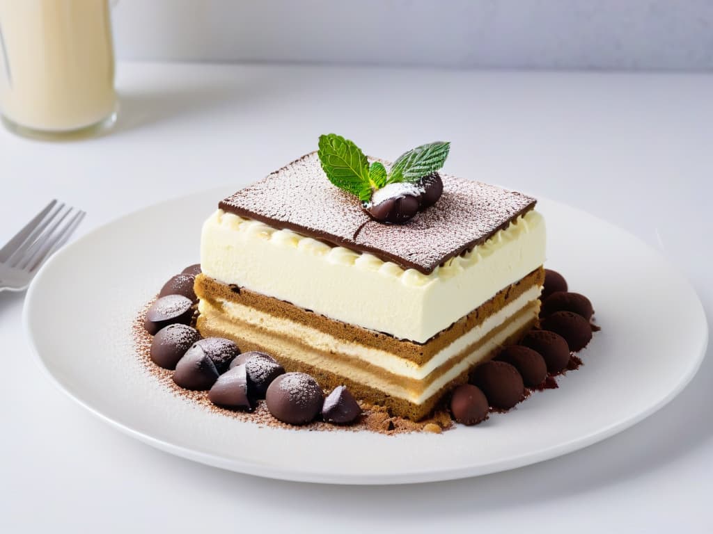  A beautifully plated tiramisù dessert on a simple, elegant white plate, dusted with cocoa powder and garnished with a delicate espresso bean and a sprig of fresh mint. The creamy layers of mascarpone cheese and coffeesoaked ladyfingers are perfectly defined, showcasing the rich textures and flavors of this iconic Italian dessert. The background is softly blurred to keep the focus solely on the exquisite dessert, creating a minimalistic and sophisticated visual representation of the beloved tiramisù. hyperrealistic, full body, detailed clothing, highly detailed, cinematic lighting, stunningly beautiful, intricate, sharp focus, f/1. 8, 85mm, (centered image composition), (professionally color graded), ((bright soft diffused light)), volumetric fog, trending on instagram, trending on tumblr, HDR 4K, 8K