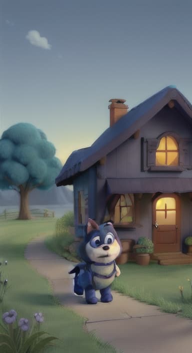  {Max walking back towards the cozy little house with droopy eyes, as twilight falls, The big blue dog is large with sky blue fur, big round eyes, a black nose, and floppy ears.