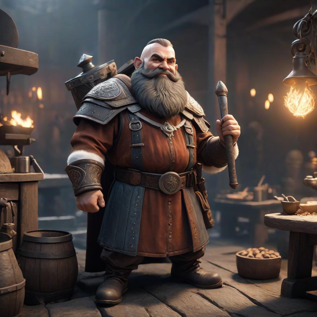  A dwarf blacksmith who became a justice priest, but is also a charlatan and a joker. hyperrealistic, full body, detailed clothing, highly detailed, cinematic lighting, stunningly beautiful, intricate, sharp focus, f/1. 8, 85mm, (centered image composition), (professionally color graded), ((bright soft diffused light)), volumetric fog, trending on instagram, trending on tumblr, HDR 4K, 8K