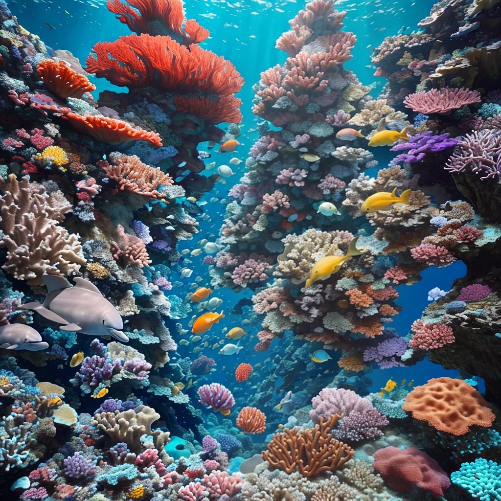  masterpiece, best quality, Most Beautiful in deep sea teeming with vibrant corals, diverse marine life, and enchanting underwater landscapes, full of corals, acrophore, small fishes, anemones, dolphin, various algaes, caves, colorful,all captured in stunning 8k resolution with intricate details.