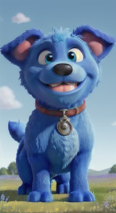  {A happy, big blue dog wagging its tail in a colorful meadow, The big blue dog is large with sky blue fur, big round eyes, a black nose, and floppy ears.