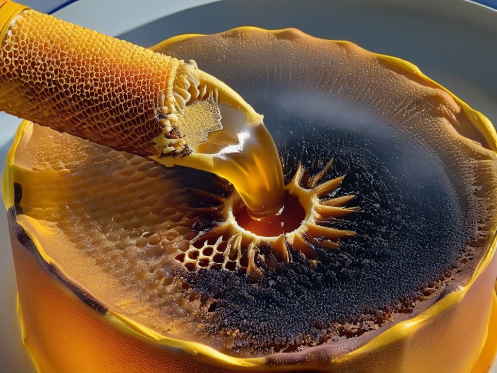  A closeup, ultradetailed image of a vibrant honeycomb dripping with golden honey, glistening under soft natural light, showcasing the intricate hexagonal patterns and sticky texture in exquisite detail. hyperrealistic, full body, detailed clothing, highly detailed, cinematic lighting, stunningly beautiful, intricate, sharp focus, f/1. 8, 85mm, (centered image composition), (professionally color graded), ((bright soft diffused light)), volumetric fog, trending on instagram, trending on tumblr, HDR 4K, 8K