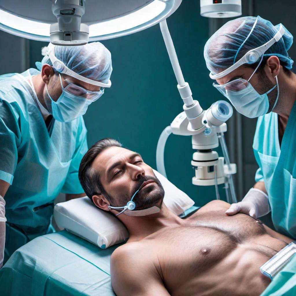  A patient with a CPAP machine, who has an intense cyanotic face and wide open eyes, lying on an operating table in an operating room (OR). Surgeons around him are performing an abdominal surgery incision by the right flank. The setting includes typical surgical tools, lights, and medical staff in proper attire. The scene should evoke a sense of urgency and highlight the critical nature of the patient's condition. hyperrealistic, full body, detailed clothing, highly detailed, cinematic lighting, stunningly beautiful, intricate, sharp focus, f/1. 8, 85mm, (centered image composition), (professionally color graded), ((bright soft diffused light)), volumetric fog, trending on instagram, trending on tumblr, HDR 4K, 8K