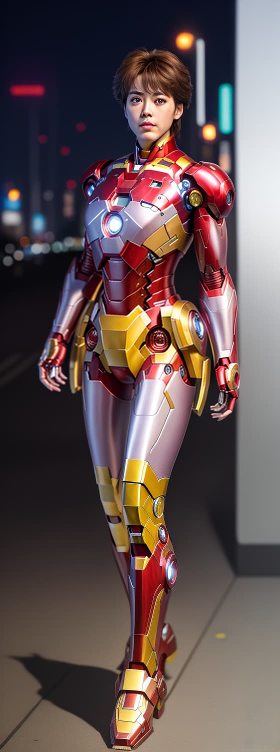  masterpiece, best quality, masterpiece, 8k resolution, realistic, highly detailed, Iron Man close up. He stands on a street lined with tall buildings in a cyberpunk style city at night. The city's night lights are bright, and the surrounding buildings and streets are full of cyberpunk elements such as neon lights, high tech equipment and futuristic architectural design.