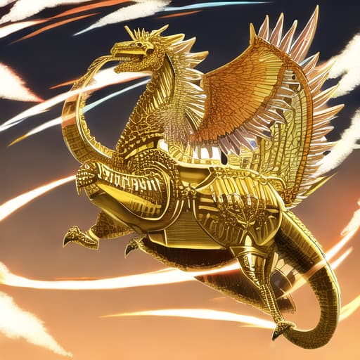  golden armored knight rides a dragon, 🦖🌈🦖, background medieval 🏰, focus 🦖 and knight