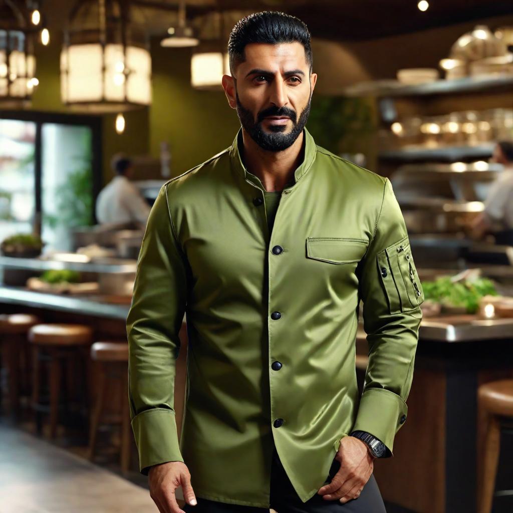  middle Eastern man working as a chef in a restaurant with a buttoned shirt in olive green, the jacket is a jacket for cooks, 4K, hyper-realistic, background in bright colors, daylight --s2 hyperrealistic, full body, detailed clothing, highly detailed, cinematic lighting, stunningly beautiful, intricate, sharp focus, f/1. 8, 85mm, (centered image composition), (professionally color graded), ((bright soft diffused light)), volumetric fog, trending on instagram, trending on tumblr, HDR 4K, 8K
