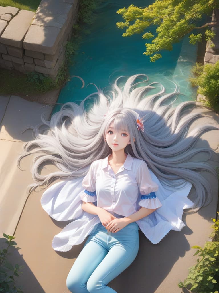  best quality,masterpiece,highres,beautiful eyes,detailed background, kawaii, cute,(1 woman, 18yo, solo:1.5),long hair, hair_ornament,silver hair,[happy],(puffy_sleeves,shirt, short_sleeves, jeggings),(large breats:1.3),from above, summer,shiny,daytime in the city of clowd hyperrealistic, full body, detailed clothing, highly detailed, cinematic lighting, stunningly beautiful, intricate, sharp focus, f/1. 8, 85mm, (centered image composition), (professionally color graded), ((bright soft diffused light)), volumetric fog, trending on instagram, trending on tumblr, HDR 4K, 8K hyperrealistic, full body, detailed clothing, highly detailed, cinematic lighting, stunningly beautiful, intricate, sharp focus, f/1. 8, 85mm, (centered image composition), (professionally color graded), ((bright soft diffused light)), volumetric fog, trending on instagram, trending on tumblr, HDR 4K, 8K