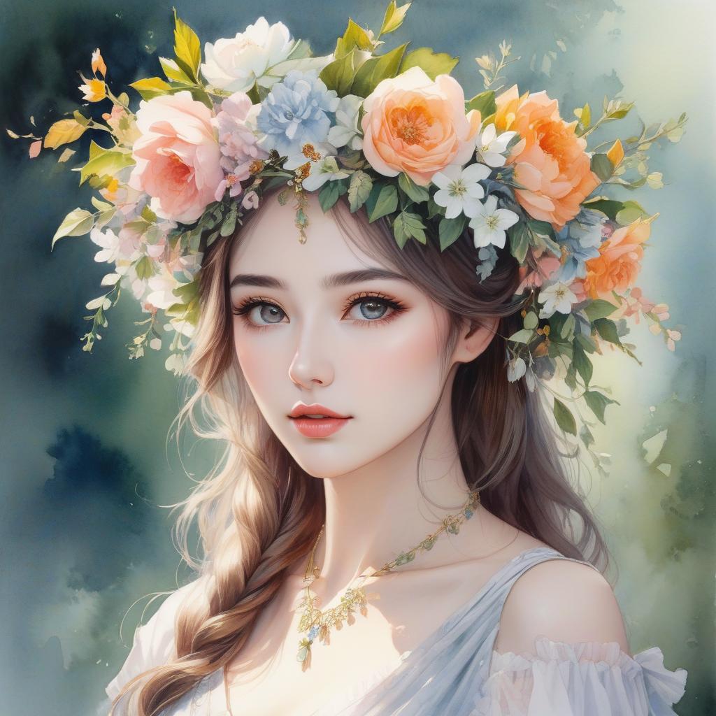  watercolor painting A watercolor painting of a young woman with a floral wreath on her head, featuring soft colors and a dreamy expression. . vibrant, beautiful, painterly, detailed, textural, artistic hyperrealistic, full body, detailed clothing, highly detailed, cinematic lighting, stunningly beautiful, intricate, sharp focus, f/1. 8, 85mm, (centered image composition), (professionally color graded), ((bright soft diffused light)), volumetric fog, trending on instagram, trending on tumblr, HDR 4K, 8K