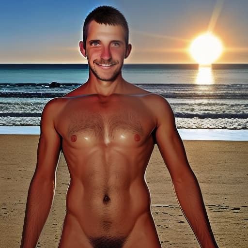  a man on the beach, the sun behind him, naturism