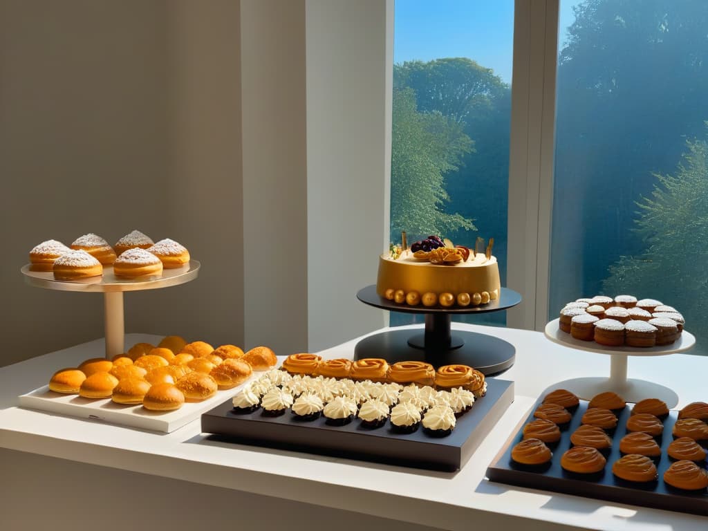  An ultradetailed, 8k resolution image of a serene and minimalist kitchen setting with a sleek marble countertop adorned with an array of beautifully crafted pastries and confections. The sunlight streams in gently through a large window, casting a soft, warm glow over the immaculate space. A set of highquality pastry tools are neatly arranged on a wallmounted magnetic strip, showcasing the precision and artistry that goes into creating these delectable treats. The overall aesthetic is modern, chic, and inviting, reflecting the essence of a master pastry chef's workspace. hyperrealistic, full body, detailed clothing, highly detailed, cinematic lighting, stunningly beautiful, intricate, sharp focus, f/1. 8, 85mm, (centered image composition), (professionally color graded), ((bright soft diffused light)), volumetric fog, trending on instagram, trending on tumblr, HDR 4K, 8K