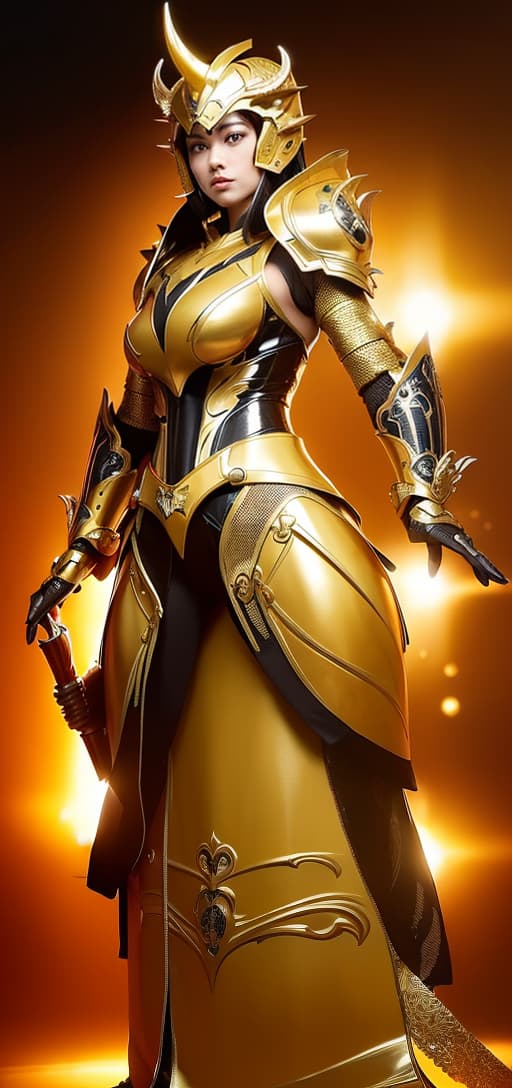  (((The form and characteristics of dragons, the armor of dragon totems)))(((The lemon yellow underworld warrior armor in the Japanese anime "Saint Seiya" has a lemon yellow metallic luster, covering the helmet with only a beautiful face. The golden hair slopes down like a waterfall from behind the helmet, and there are a pair of huge lemon yellow metal antelope horns and exquisite carvings on the left and right sides of the helmet. The huge shoulder armor extends outward, with a multi level structure and exquisite pattern structures on the edges. The lemon yellow metal trunk armor structure is very special, with exquisite pattern design. The arms and palms are covered with lemon yellow metal armor and gorgeous decorative carvings. The thigh