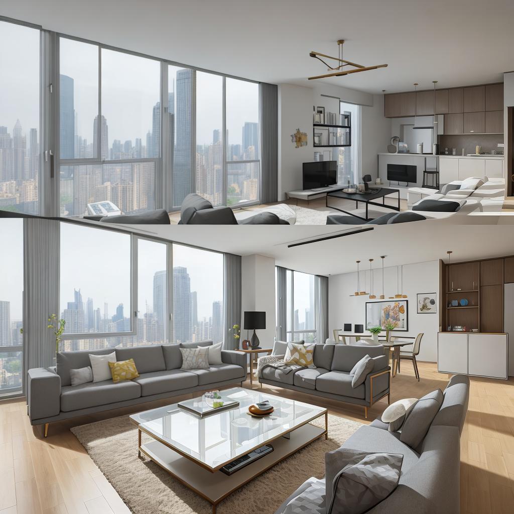  masterpiece, best quality, best quality, masterpiece, 8k resolution, high resolution apartment Living room concept art with floor-to-ceiling windows and modern furniture