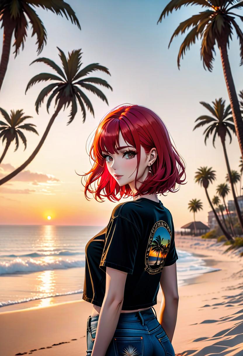  cinematic photo girl, girl with red hair, short red hair, wavy hair, sunset sky, sandy beach, sea, knives hovering over left hand, standing with back, denim pants, black t shirt, palm trees . 35mm photograph, film, bokeh, professional, 4k, highly detailed, hkmagic hyperrealistic, full body, detailed clothing, highly detailed, cinematic lighting, stunningly beautiful, intricate, sharp focus, f/1. 8, 85mm, (centered image composition), (professionally color graded), ((bright soft diffused light)), volumetric fog, trending on instagram, trending on tumblr, HDR 4K, 8K