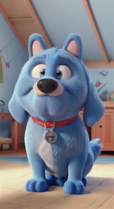  {Max snuggled up in his comfy dog bed inside the house, fast asleep, The big blue dog is large with sky blue fur, big round eyes, a black nose, and floppy ears.