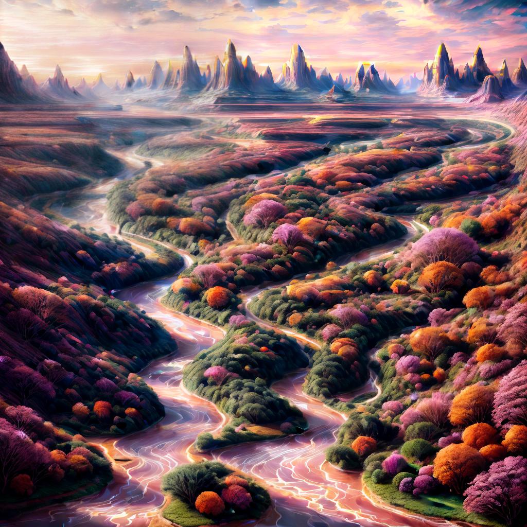  A surreal landscape with floating mountains, glowing flora, and a mystical river flowing through it. The sky is a mix of pastel pinks and oranges, with a soft golden light casting shadows on the ground. The style is dreamlike and ethereal, with intricate details and a sense of otherworldliness. style RAW, best quality, masterpiece