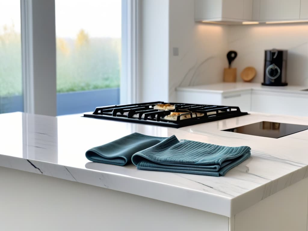  An image of a sleek, modern kitchen with a minimalist design aesthetic. The focus is on a pair of highresistance oven gloves elegantly displayed on a pristine marble countertop, catching the soft natural light filtering through a large window. The gloves are a stylish blend of form and function, exuding professionalism and sophistication. The background features muted tones and clean lines, emphasizing the elegance and simplicity of the kitchen space. hyperrealistic, full body, detailed clothing, highly detailed, cinematic lighting, stunningly beautiful, intricate, sharp focus, f/1. 8, 85mm, (centered image composition), (professionally color graded), ((bright soft diffused light)), volumetric fog, trending on instagram, trending on tumblr, HDR 4K, 8K