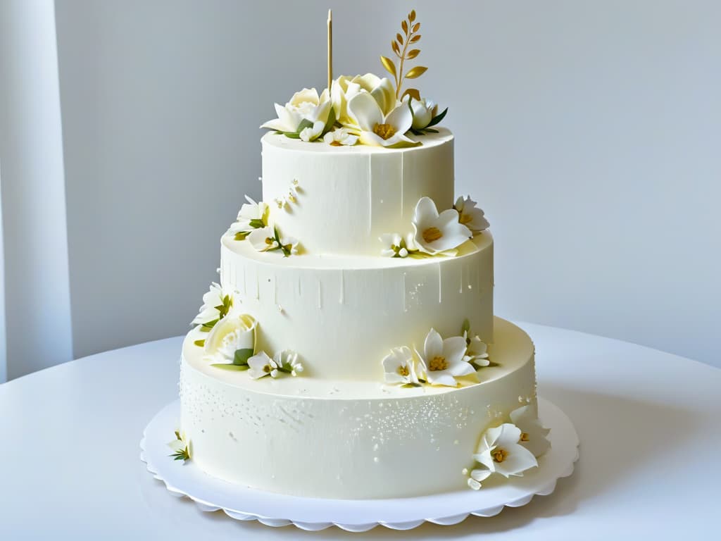  An intricately detailed photorealistic image of a beautifully decorated threetier glutenfree wedding cake, adorned with delicate sugar flowers, intricate piping, and shimmering edible gold leaf details. The cake is set on a crystalclear cake stand, surrounded by soft candlelight, casting elegant shadows on the table below. The background is softly blurred, emphasizing the impeccable craftsmanship and stunning design of the cake. hyperrealistic, full body, detailed clothing, highly detailed, cinematic lighting, stunningly beautiful, intricate, sharp focus, f/1. 8, 85mm, (centered image composition), (professionally color graded), ((bright soft diffused light)), volumetric fog, trending on instagram, trending on tumblr, HDR 4K, 8K