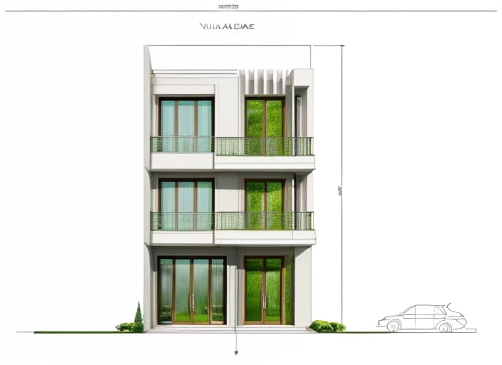  Villa facade perspective, modern, luxurious architectural style, harmonious colors with green trees, beautiful light