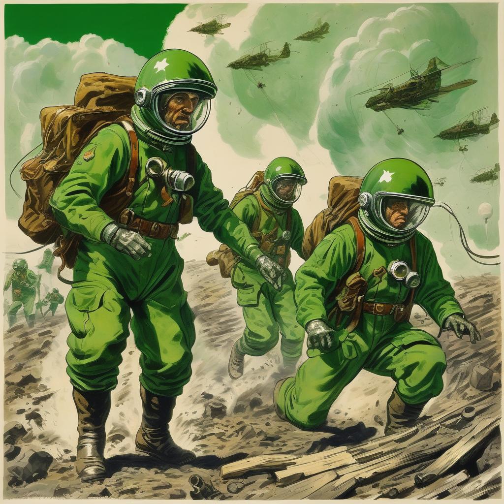  "Astronauts in green suits are mining everything around them. World War I. Hungarians versus Russians. Battlefield, trenches, and explosions, flying aircraft gunships."