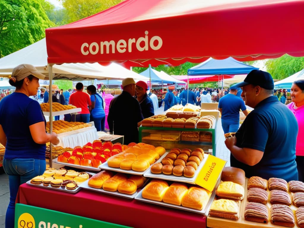  A bustling farmer's market scene with vendors selling a colorful array of freshly baked pastries and desserts. The sun is shining, casting a warm glow over the scene, and customers of diverse backgrounds are happily browsing the goods. In the background, a sign that reads "Comercio Justo" in bold, inviting letters. The image captures the essence of fair trade in the world of pastry, showcasing the mutual benefits for producers and consumers alike. hyperrealistic, full body, detailed clothing, highly detailed, cinematic lighting, stunningly beautiful, intricate, sharp focus, f/1. 8, 85mm, (centered image composition), (professionally color graded), ((bright soft diffused light)), volumetric fog, trending on instagram, trending on tumblr, HDR 4K, 8K