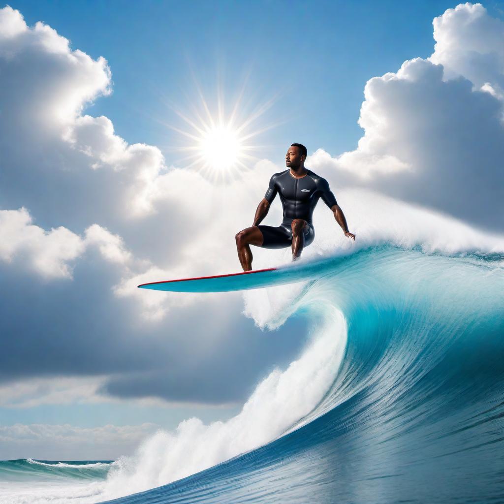  A black male surfing on a fluffy white cloud in the sky. The person is standing on a surfboard as if surfing on ocean waves, but instead, they are gliding through the clouds. The sky is a brilliant blue with a few scattered clouds around and the sun shining brightly. The scene should feel whimsical and exhilarating. hyperrealistic, full body, detailed clothing, highly detailed, cinematic lighting, stunningly beautiful, intricate, sharp focus, f/1. 8, 85mm, (centered image composition), (professionally color graded), ((bright soft diffused light)), volumetric fog, trending on instagram, trending on tumblr, HDR 4K, 8K