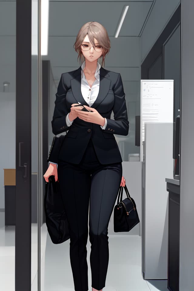  A cool beautiful woman in a suit who seems to be busy at work.