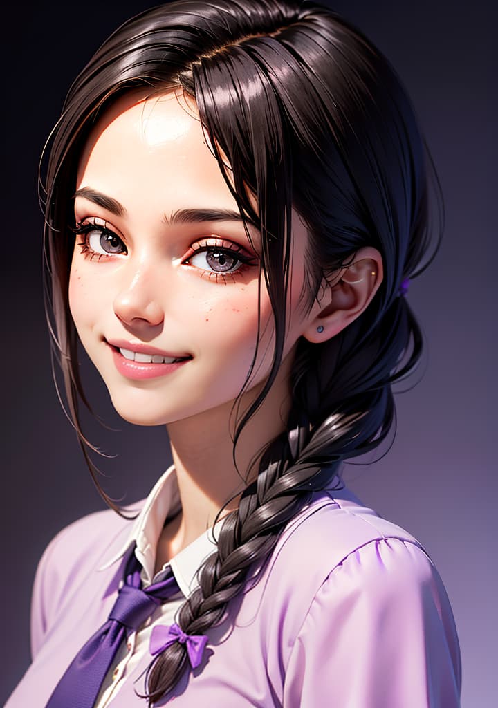  ((1girl 18yo, Fishtail Braid hair, smile, makeup face, wearing Formal  style, Purple background,cute smile, upper body, studio light, side light)),(), beautiful, high quality,masterpiece,extremely detailed,high res,4k,ultra high res,detailed shadow,ultra realistic,dramatic lighting,bright light