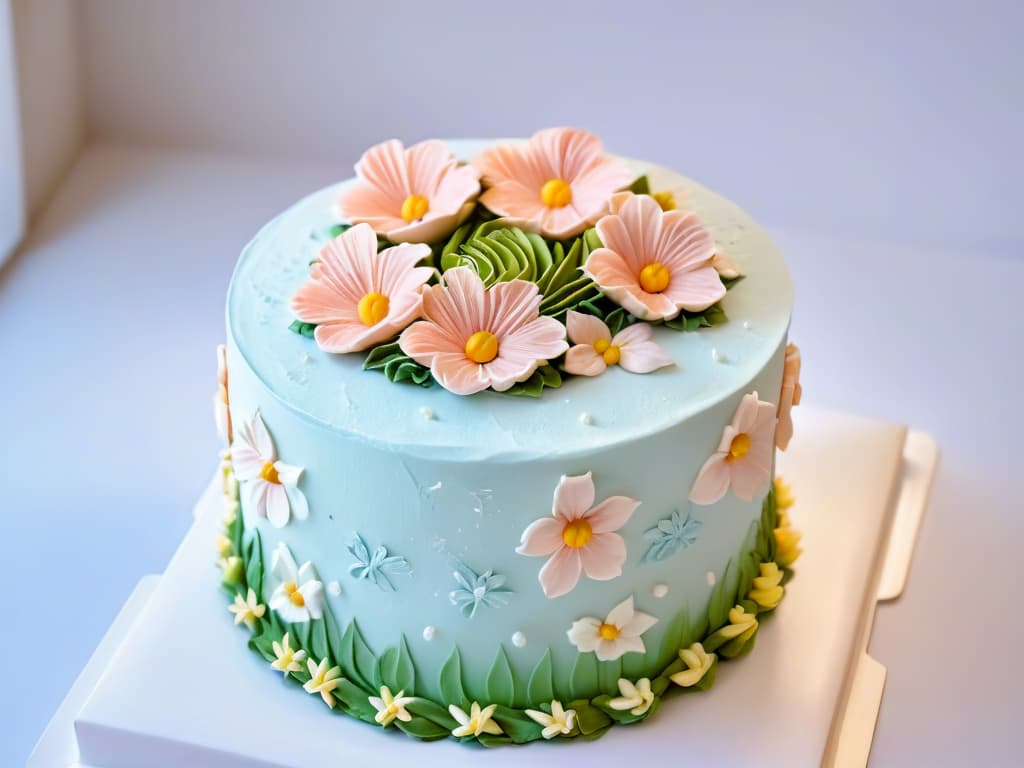  A closeup, ultradetailed image of a baker's hands meticulously piping delicate buttercream flowers onto a multilayered cake. The focus is on the intricate details of the piping work, showcasing the precision and skill involved in creating a beautifully decorated cake. The color palette is soft pastels, with the cake layers visible in the background, adding depth to the image. The lighting is soft and natural, highlighting the textures and craftsmanship of the cake decoration. hyperrealistic, full body, detailed clothing, highly detailed, cinematic lighting, stunningly beautiful, intricate, sharp focus, f/1. 8, 85mm, (centered image composition), (professionally color graded), ((bright soft diffused light)), volumetric fog, trending on instagram, trending on tumblr, HDR 4K, 8K