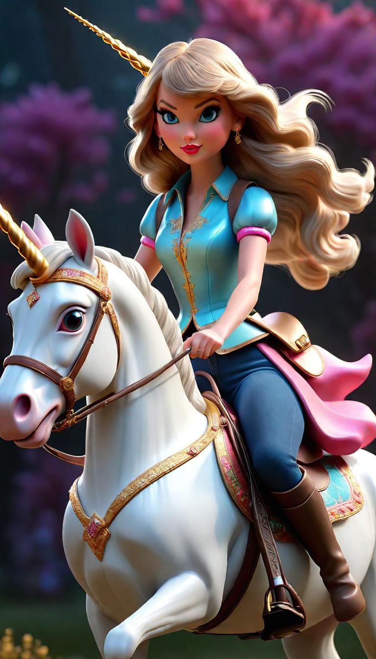  Professional 3D model of Taylor Swift Riding A Unicorn . Rendered with Octane, the model is highly detailed,dramatic lighting. hyperrealistic, full body, detailed clothing, highly detailed, cinematic lighting, stunningly beautiful, intricate, sharp focus, f/1. 8, 85mm, (centered image composition), (professionally color graded), ((bright soft diffused light)), volumetric fog, trending on instagram, trending on tumblr, HDR 4K, 8K