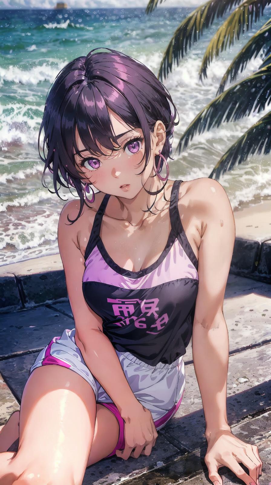  master piece , best quality,Evening seaside JK, black hair, hair inner color vivid pink, medium hair, light purple eyes, seductive upward glance, slightly red cheeks, thin earrings, sitting in gym, white thin clothes, thin clothing, beautiful collarbone